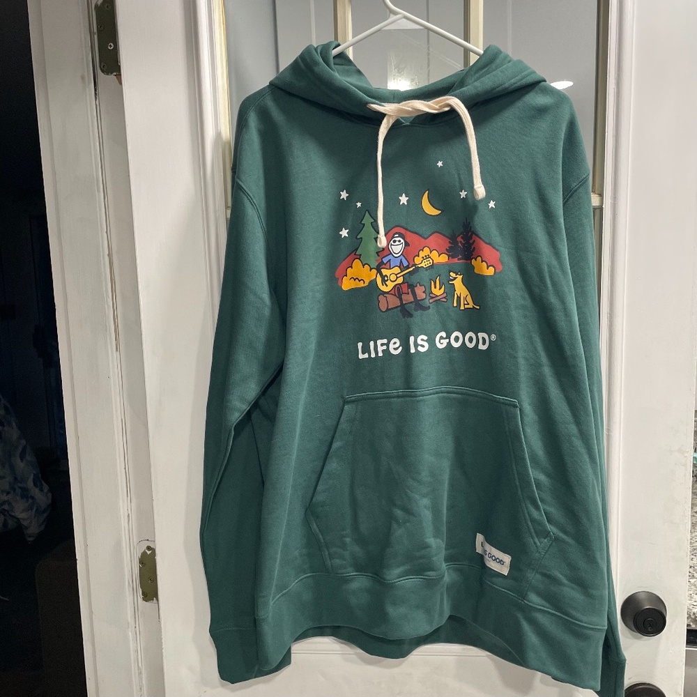 Life is Good Mens Hoodie Large Green Camping Dog Fire NWT